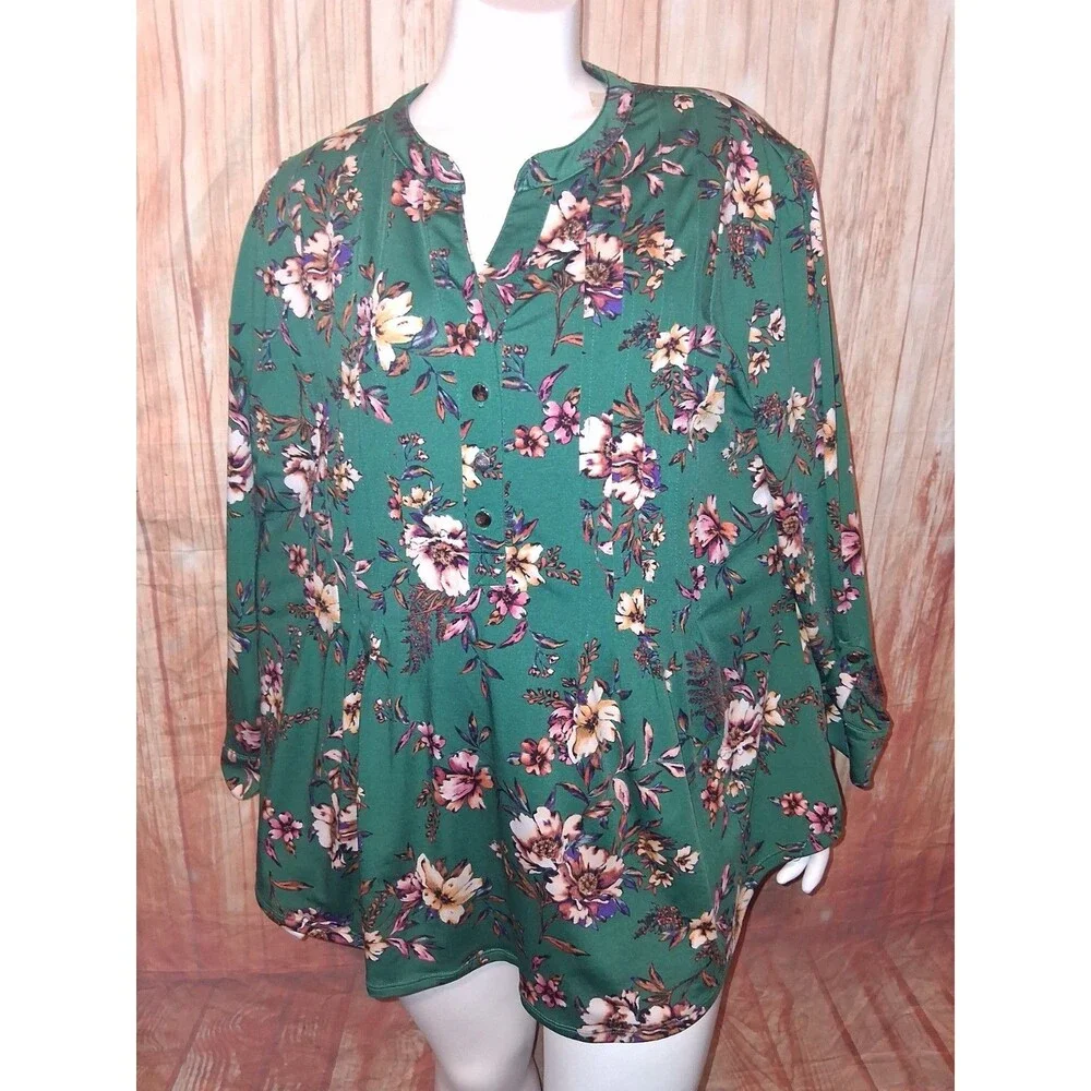 Roz & Ali Green Floral Long Roll Tab Sleeve V-neck Blouse Sz XL - Picture 1 of 3
